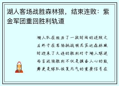 湖人客场战胜森林狼，结束连败：紫金军团重回胜利轨道